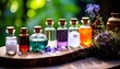 © リリ - Colorful potion bottles and crystals on wooden board with glowing sunlight, magical and scientific atmosphere of experiment and creativity