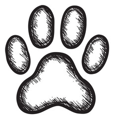 Wall Mural - Black and white sketch of a dog paw print with shaded texture – retro hand drawn illustration
