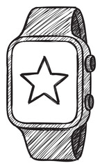 Wall Mural - Hand-drawn smartwatch illustration with star design in black and white – retro hand drawn illustration