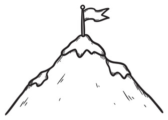 Wall Mural - Simple line art of mountain peak with flag: minimalist black and white illustration of achievement – retro hand drawn illustration