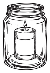 Wall Mural - Transparent jar with lit candle inside - hand-drawn black and white line art – retro hand drawn illustration