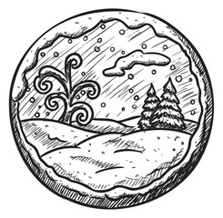 Wall Mural - Monochrome winter landscape illustration with snow and trees in circular frame – retro hand drawn illustration