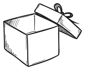 Wall Mural - Open gift box line art with detached lid and ribbon bow – retro hand drawn illustration