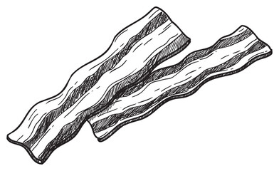 Wall Mural - Hand-drawn bacon illustration: two crispy strips in black and white – retro hand drawn illustration