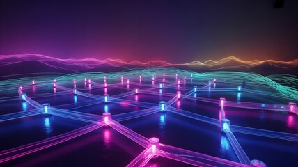 Dynamic neon network with vibrant colors, representing connectivity, innovation, and futuristic technology solutions for modern business development