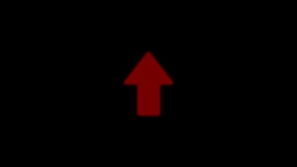Abstract directional arrow bouncing red color upward against a stark three dimensional swipe slide up animation on a black background.