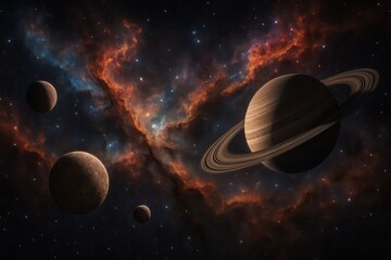 Wall Mural - Vibrant deep space vista with swirling nebulae and luminous planets in starfield