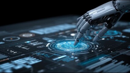 Robot hand touching digital screen interface. Artificial intelligence working with innovation data. Futuristic touch control technology animation.