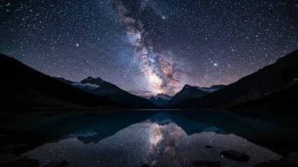 Wall Mural - Serene wide shot of the vibrant Milky Way galaxy reflecting perfectly on the calm surface of an alpine lake during a moonless night celestial, nature, twilight