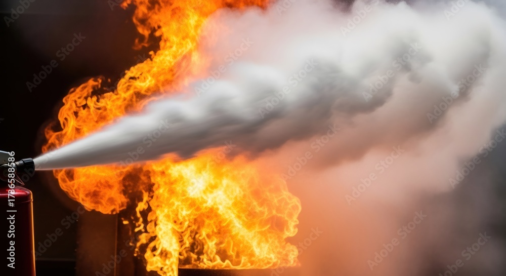 Fire extinguisher spraying foam to put out a large fire. Firefighter ...