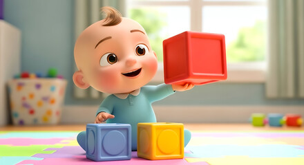 Happy baby playing with colorful building blocks