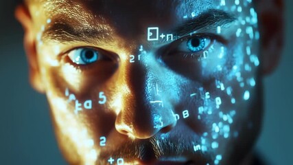 Futuristic male programmer exhibiting a digital data showcasing the essence of technology and innovation in a contemporary context, merging the realms of coding, analytics, and creative problemsolving