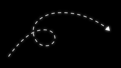 Thin direction dotted line arrow animation on black background, Wavy up arrow direction icon. arrow animation following wavy dotted line. Long dotted line arrow animation to indicate an object. 