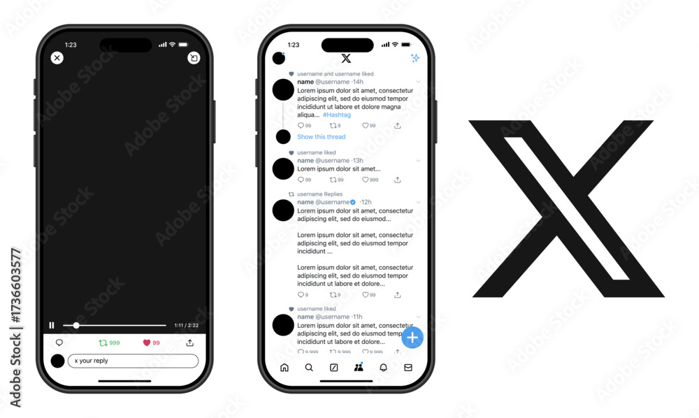 X Twitter UI mockup 2025 with tweet post feed, retweet, like, reply ...