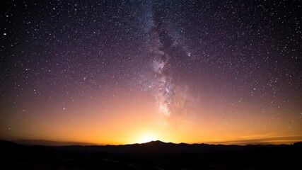 Wall Mural - night sky full of stars gradually fades to a bright morning, showcasing a celestial dawn as the sun 