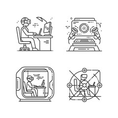 Wall Mural - Four detailed line art illustrations depicting people interacting with virtual reality technology.