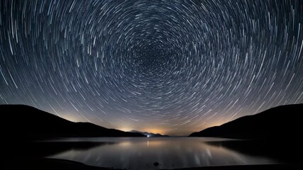 Wall Mural - Mesmerizing star trails rotating above a serene bay on a clear, dark night timelapse rotation, epic, long exposure