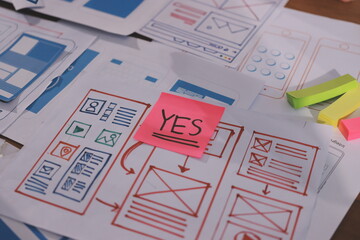 Close up ux developer and ui designer brainstorming about mobile app interface wireframe design on table with customer breif and color code at modern office.Creative digital development agency.
