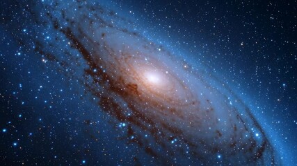 Wall Mural - A spiral galaxy with a bright orange spot in the center. The galaxy is filled with stars and the orange spot is surrounded by a blue halo. Concept of wonder and awe at the vastness of the universe
