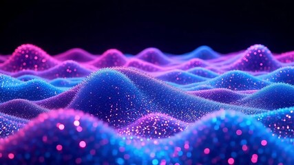Dynamic glowing waves of vibrant blue and pink particles shimmering across a dark futuristic landscape, evoking digital motion and energy