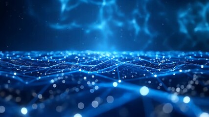 Abstract Dark Blue Background with Glowing Connected Dots and Lines Forming a Network Over a Surface for Futuristic Technologies