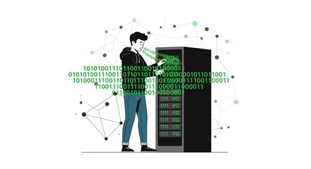 Data center server administrator working on a network server with binary code running