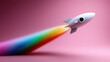 © Mselected - Rocket launches with bright rainbow trail against pink background