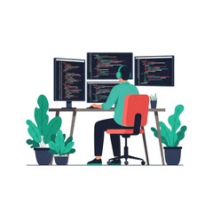 Programmer working on multiple computer screens isolated on transparent background