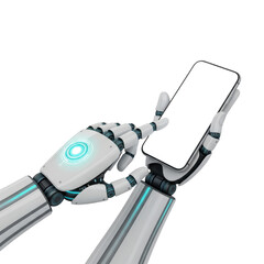 Robot hand holding and touching a smartphone, isolated on transparent background