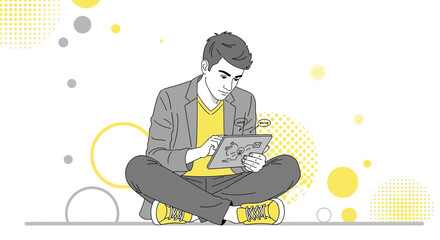Illustration of a Man Studying and Working on a Tablet in a Comfortable Position