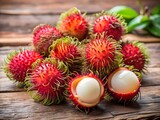 Close up of fresh rambutan fruits on a wooden table, showcasing the fruits unique texture and vibrant colors
