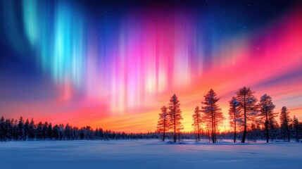 Wall Mural - Vibrant Aurora Borealis Illuminating a Winter Landscape with Snow-Covered Trees at Sunset