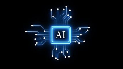 Glowing neon AI circuit board background. Computer motherboard with a chip, Processor with artificial intelligence AI. Minimal chip icon with AI text and circuit lines icon animation .

