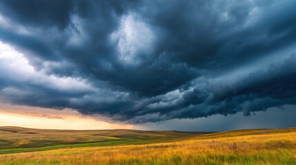 Wall Mural - Dramatic storm clouds loom over a vibrant green and yellow landscape at sunset, creating a moody atmosphere