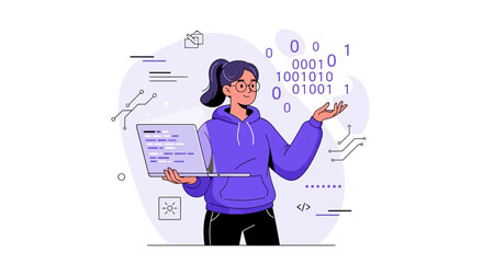 Illustration of Software Developer Woman holding a laptop and binary code elements