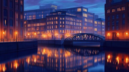 Wall Mural - Serene twilight scene of a city bridge over a calm river, illuminated buildings reflecting in the water