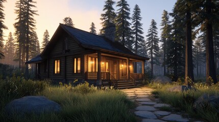 Wall Mural - Cozy wooden cabin surrounded by tall pine trees at sunset, with a stone path leading to the entrance