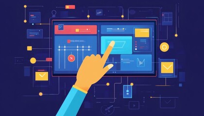 The illustration shows a hand interacting with a digital dashboard interface that features various data points, graphs, and interactive controls, all displayed on a large screen.
