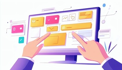 The illustration shows two hands using a computer interface with various icons, buttons, and design elements, primarily in yellow, pink, and blue colors.