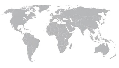  Detailed world map, showcasing international borders in muted gray tones.