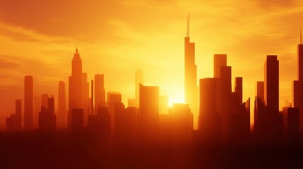 Wall Mural - Silhouette of a bustling city skyline at sunset, casting warm hues over the horizon, evoking tranquility