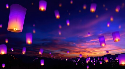 Wall Mural - Colorful lanterns floating in the twilight sky over a serene landscape, creating a magical atmosphere