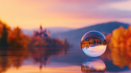 Wall Mural - Crystal sphere reflecting a vibrant autumn landscape at sunset near a serene lake with distant mountains