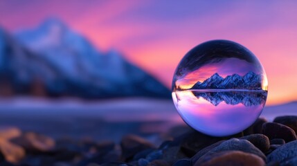 Wall Mural - Crystal ball reflecting majestic mountains and vibrant sunset over a tranquil landscape