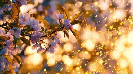 Wall Mural - Delicate cherry blossoms illuminated by golden sunlight, creating a dreamy atmosphere in spring