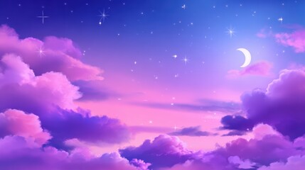 Wall Mural - Serene twilight sky with vibrant purple and pink clouds, a crescent moon, and twinkling stars