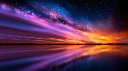 Wall Mural - Stunning panoramic view of a vibrant sunset over a calm lake with starry sky reflections