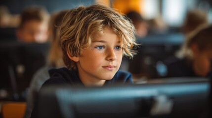 Young Learner Engaged in Digital Education: Schoolboy Using Computer in Modern Science Classroom for Collaborative Coding Experience