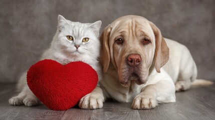 Wall Mural - Adorable Cat and Dog Sharing a Red Heart: Symbol of Love and Friendship in Domestic Bliss