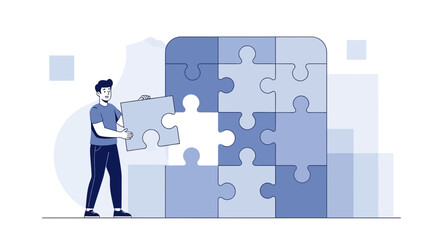 Man putting a puzzle piece together, teamwork, and collaboration illustration vector art